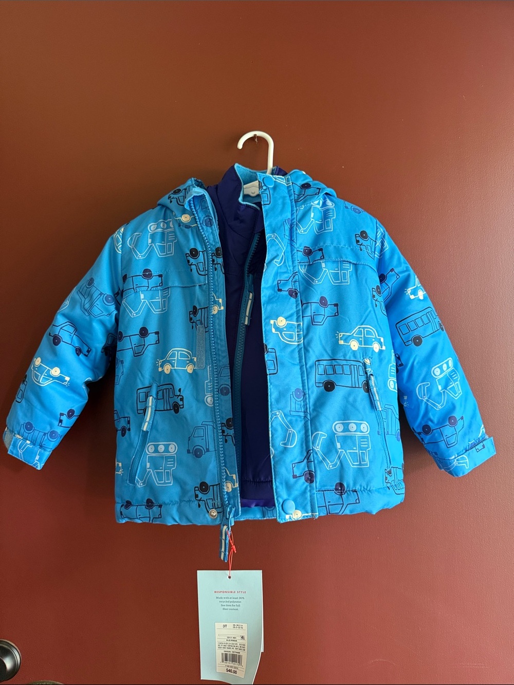 Cat & Jack Bright Blue Car-Print Hooded Puffer Jacket